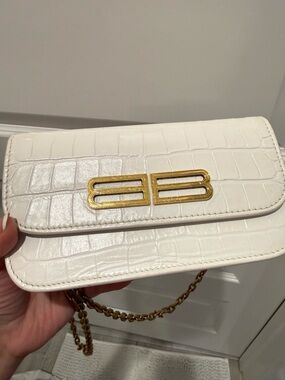 Balenciaga White Croc-Embossed Chain Crossbody with Gold BB Logo